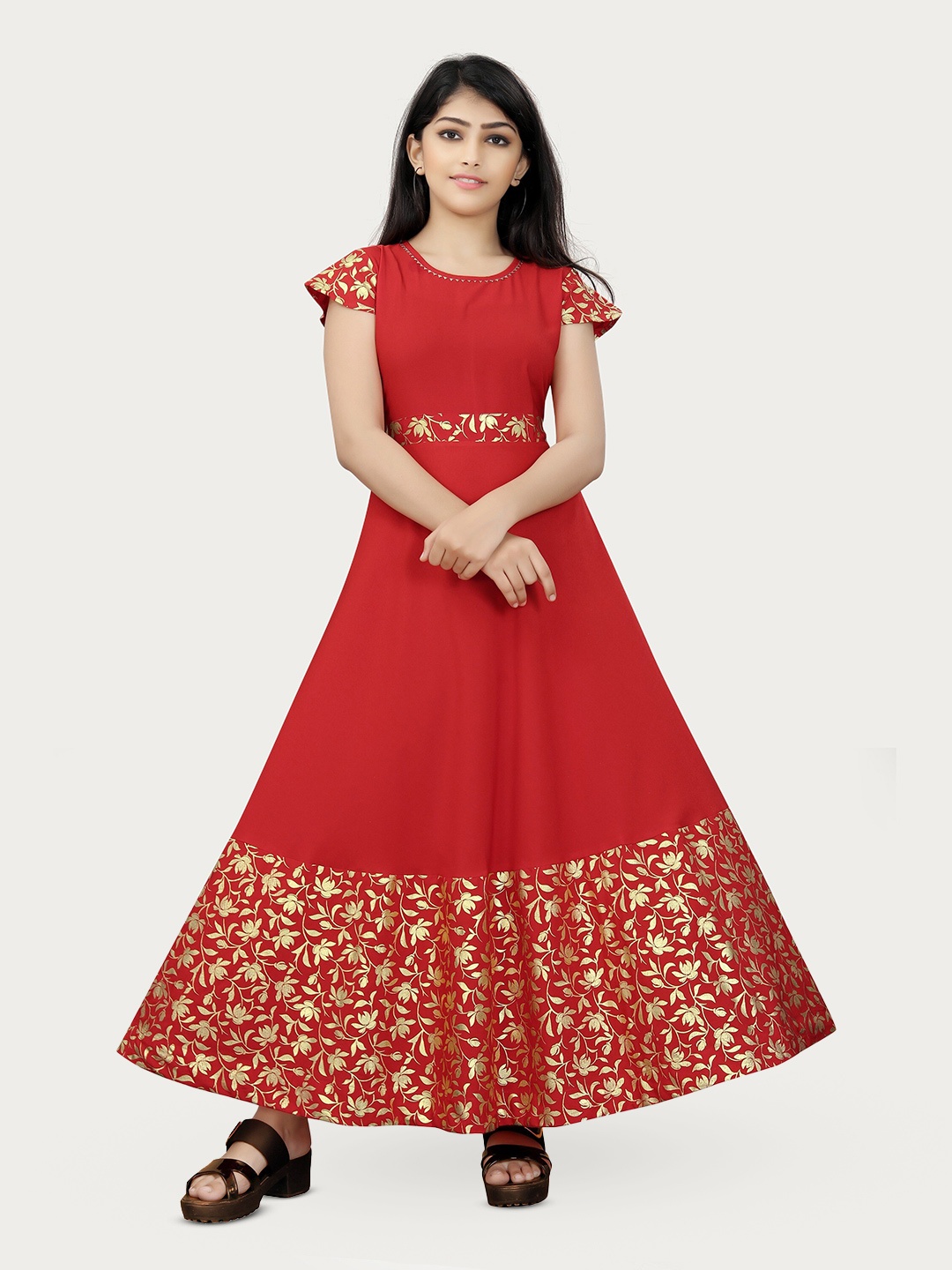 

R K MANIYAR Girls Floral Printed Cape Sleeves Maxi Fit & Flare Dress, Red