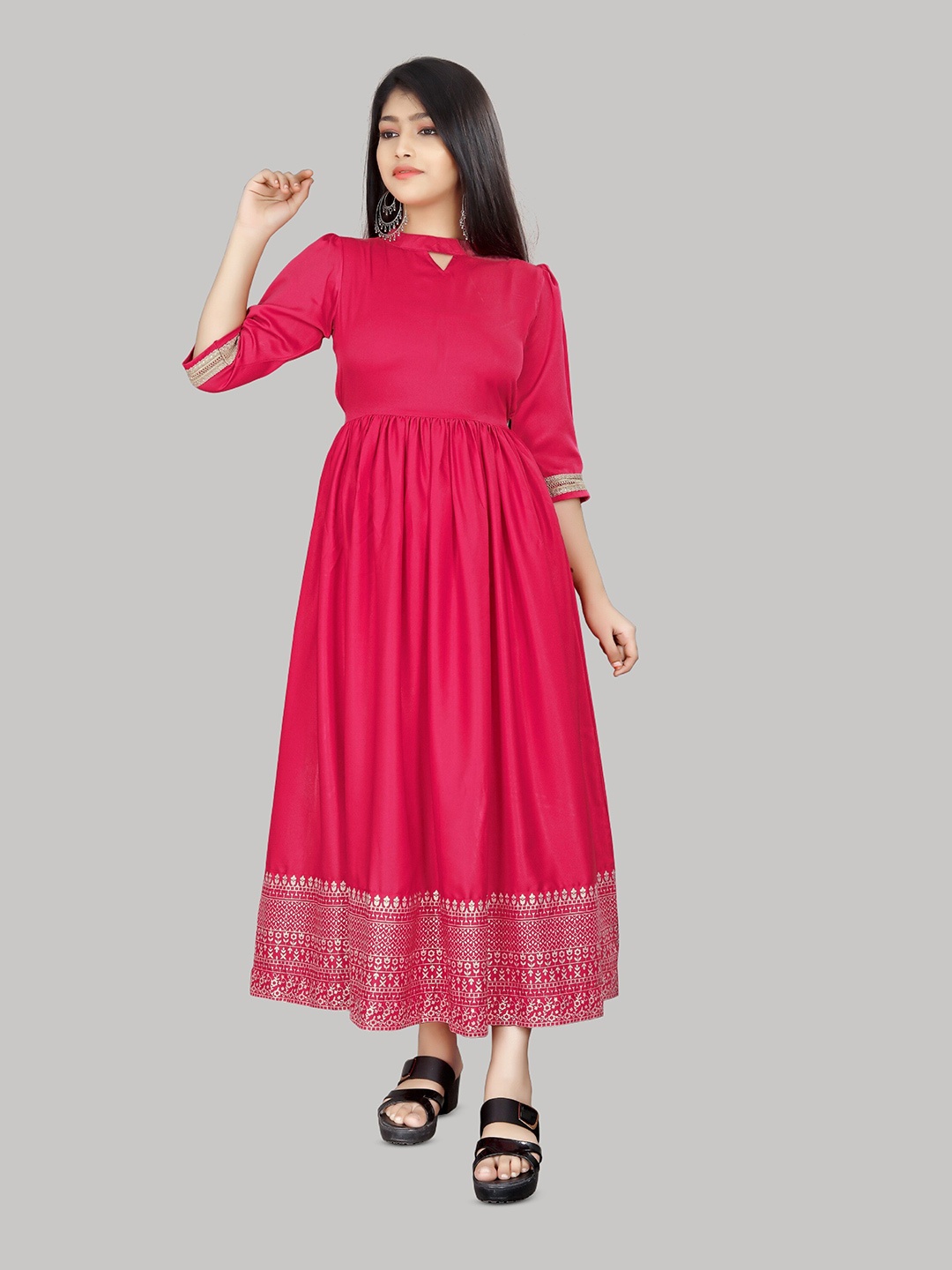

R K MANIYAR Girls Ethnic Motifs Printed Round Neck Gathered Fit & Flare Maxi Ethnic Dress, Fuchsia