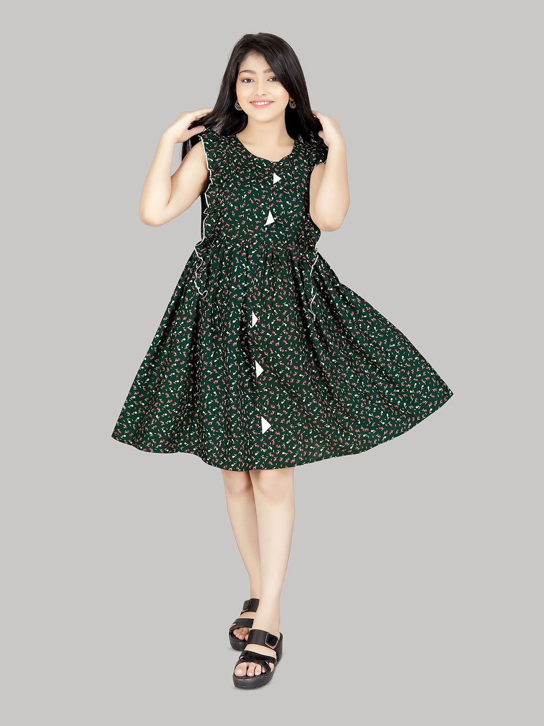 

R K MANIYAR Polka Dot Printed Ruffles Fit & Flare Dress, Olive