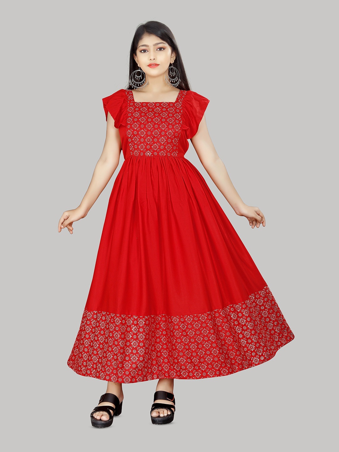 

R K MANIYAR Girls Ethnic Motifs Printed Square Neck Gathered Fit & Flare Maxi Ethnic Dress, Red