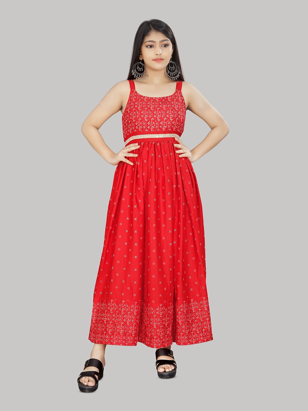 

R K MANIYAR Self Design Printed Fit & Flare Maxi Dress, Red