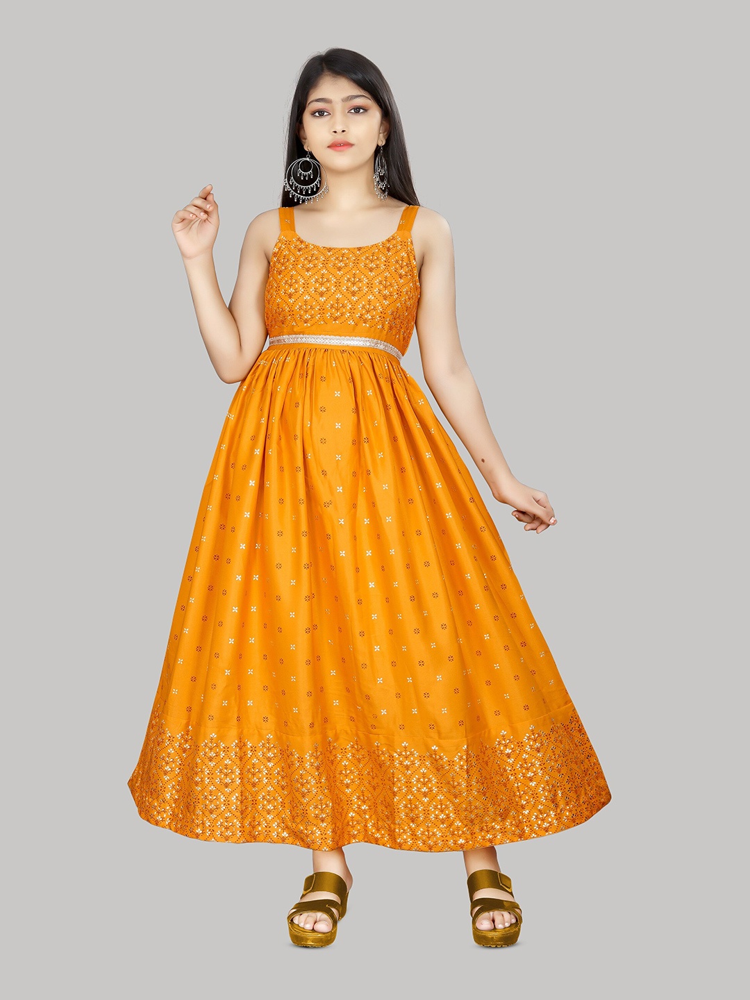 

R K MANIYAR Girls Floral Printed Sleeveless Maxi Dress, Yellow