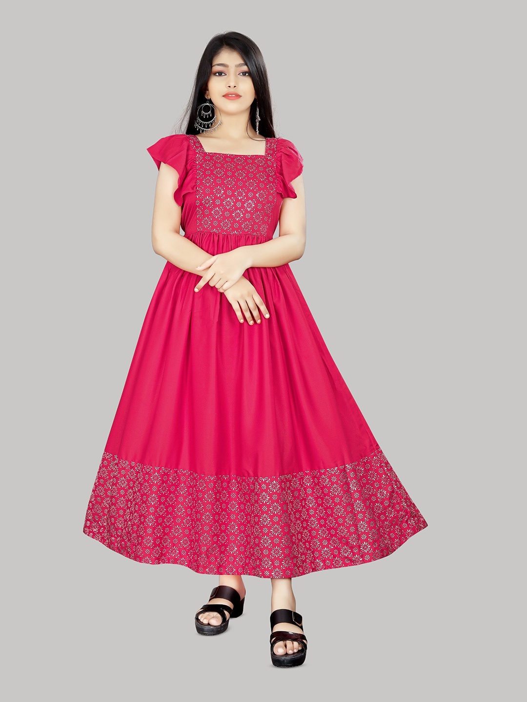 

R K MANIYAR Girls Floral Printed Fit & Flare Maxi Dress, Fuchsia