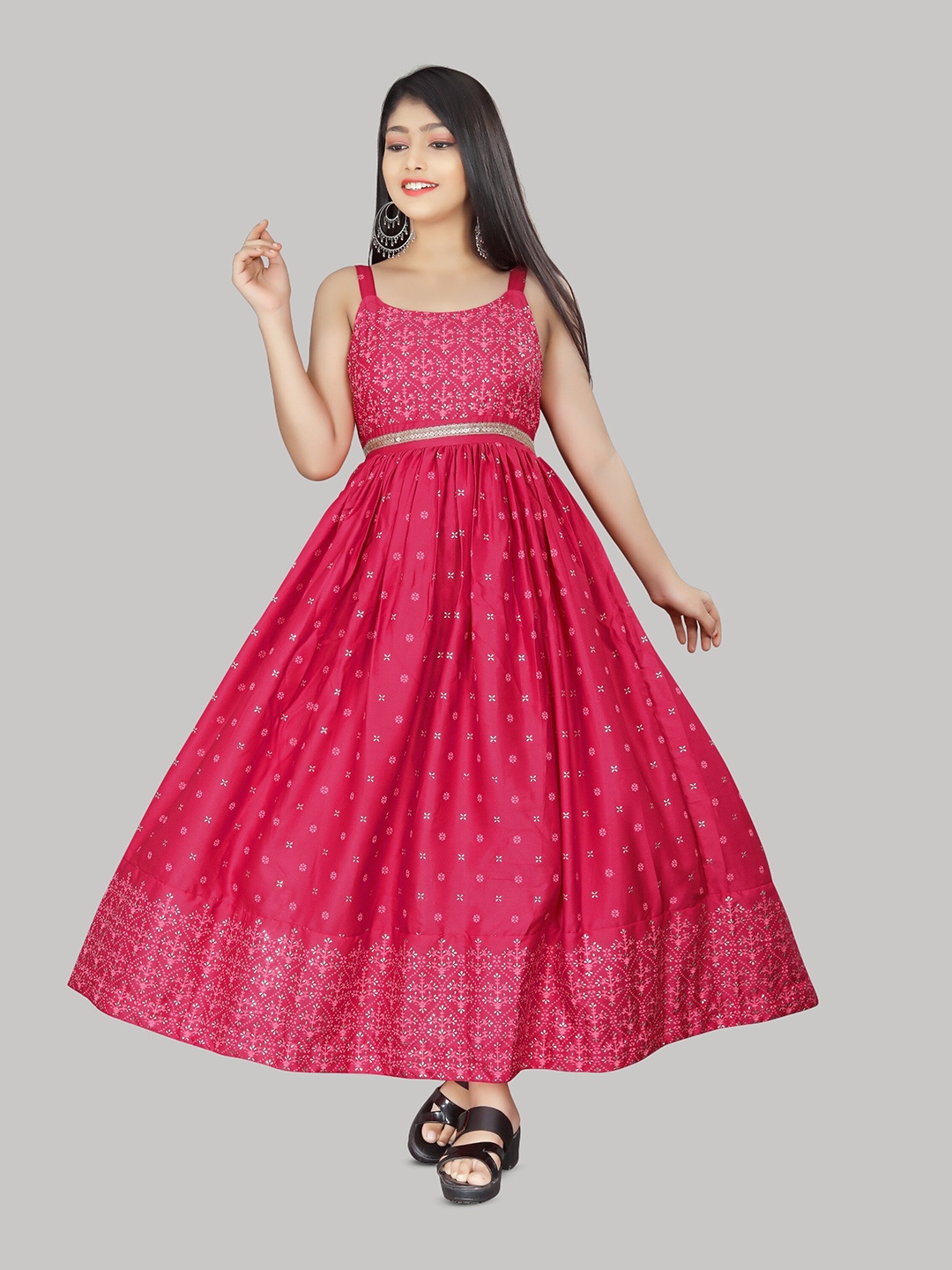 

R K MANIYAR Girls Floral Printed Sleeveless Maxi Dress, Pink