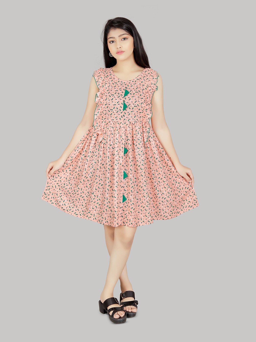 

R K MANIYAR Girls Floral Printed Ruffled Fit & Flare Above Knee Dress, Peach