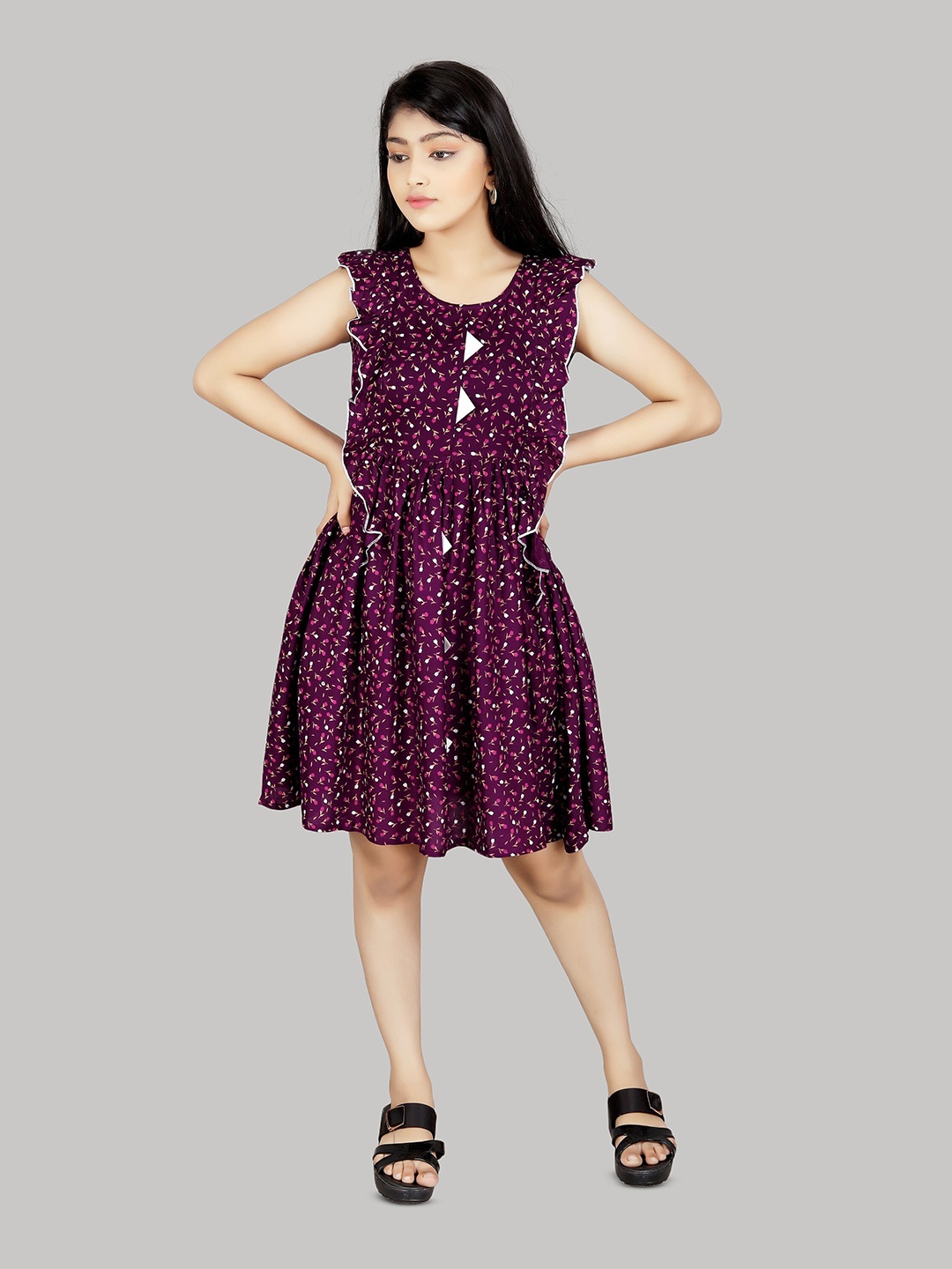 

R K MANIYAR Girls Floral Printed Round Neck Sleeveless Ruffled Fit & Flare Dress, Purple