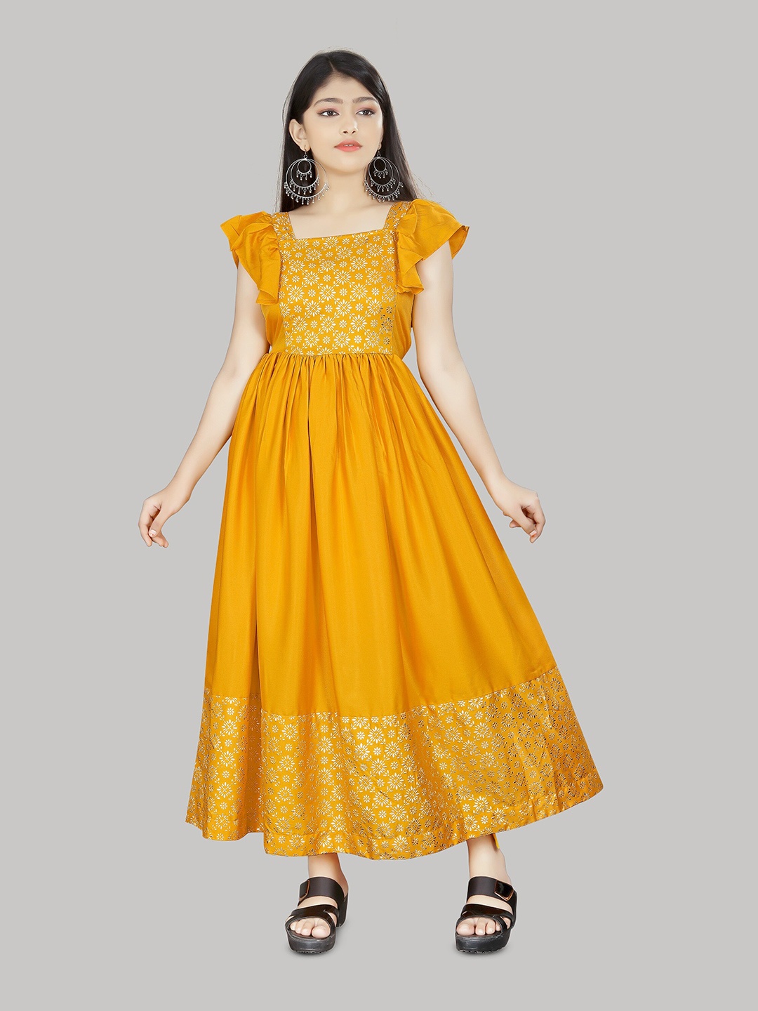 

R K MANIYAR Printed Flared Sleeve Fit & Flare Maxi Dress, Yellow