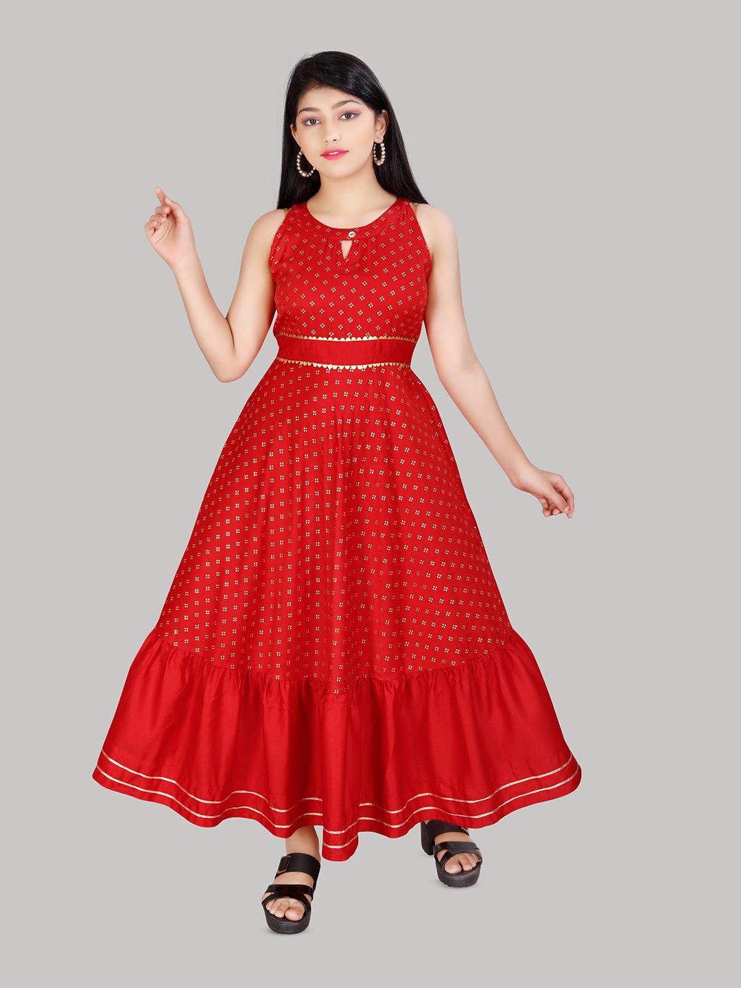 

R K MANIYAR Self Design Embellished Maxi Dress, Red