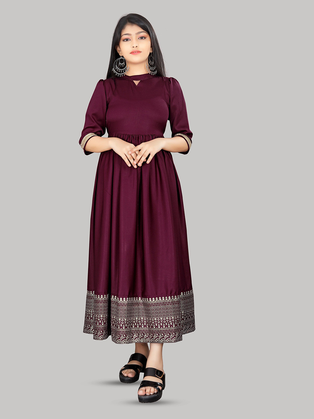 

R K MANIYAR Girls Ethnic Motifs Printed Round Neck Gathered Fit & Flare Maxi Ethnic Dress, Purple