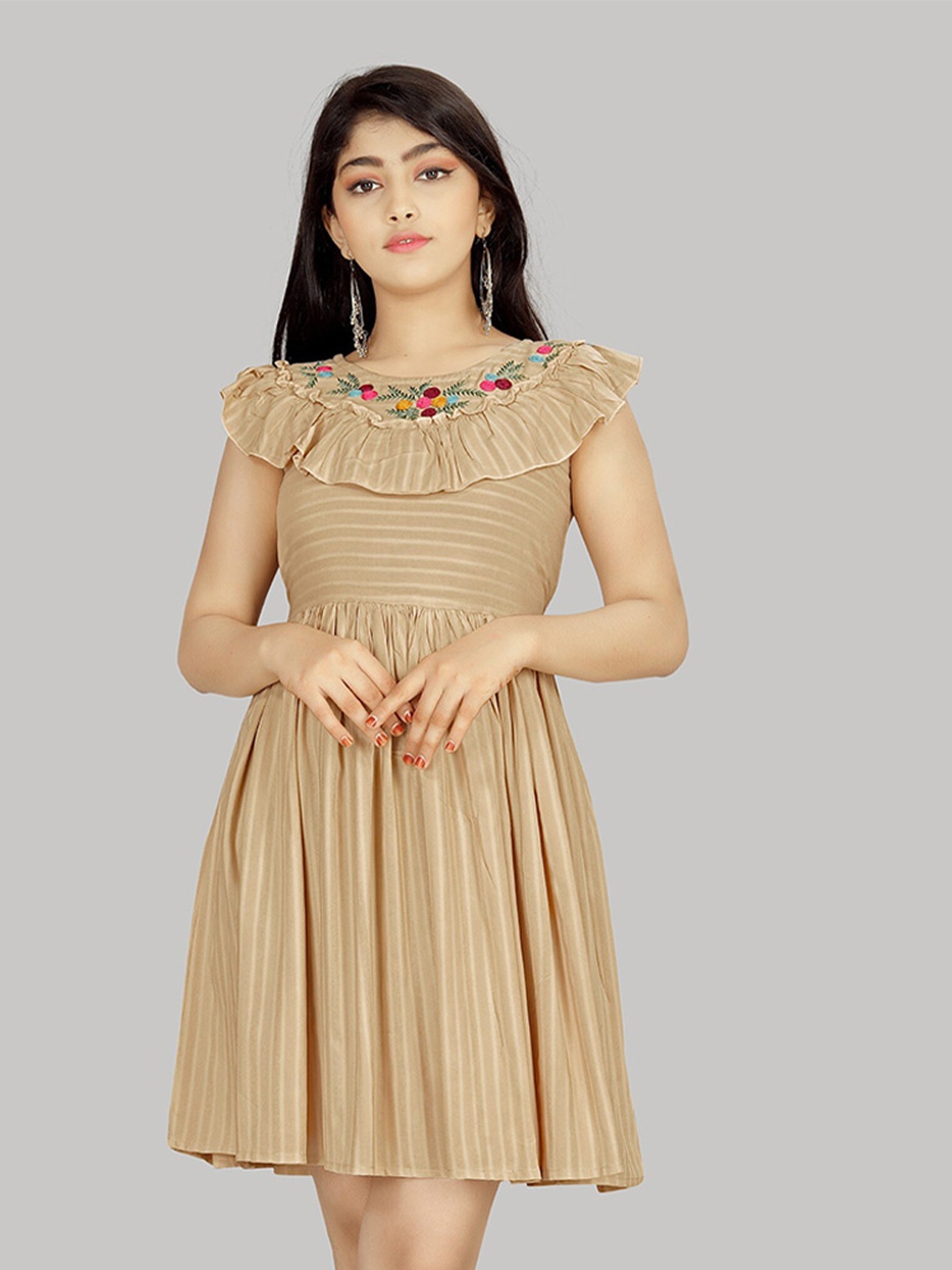 

R K MANIYAR Striped Embroidered Flutter Sleeve Fit & Flare Dress, Cream