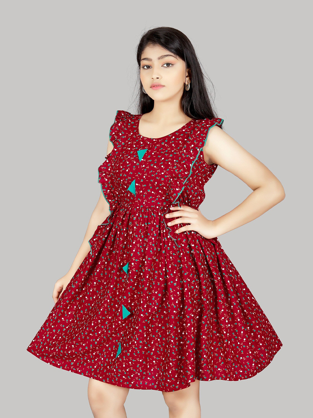 

R K MANIYAR Girls Floral Printed Ruffled Fit & Flare Dress, Maroon