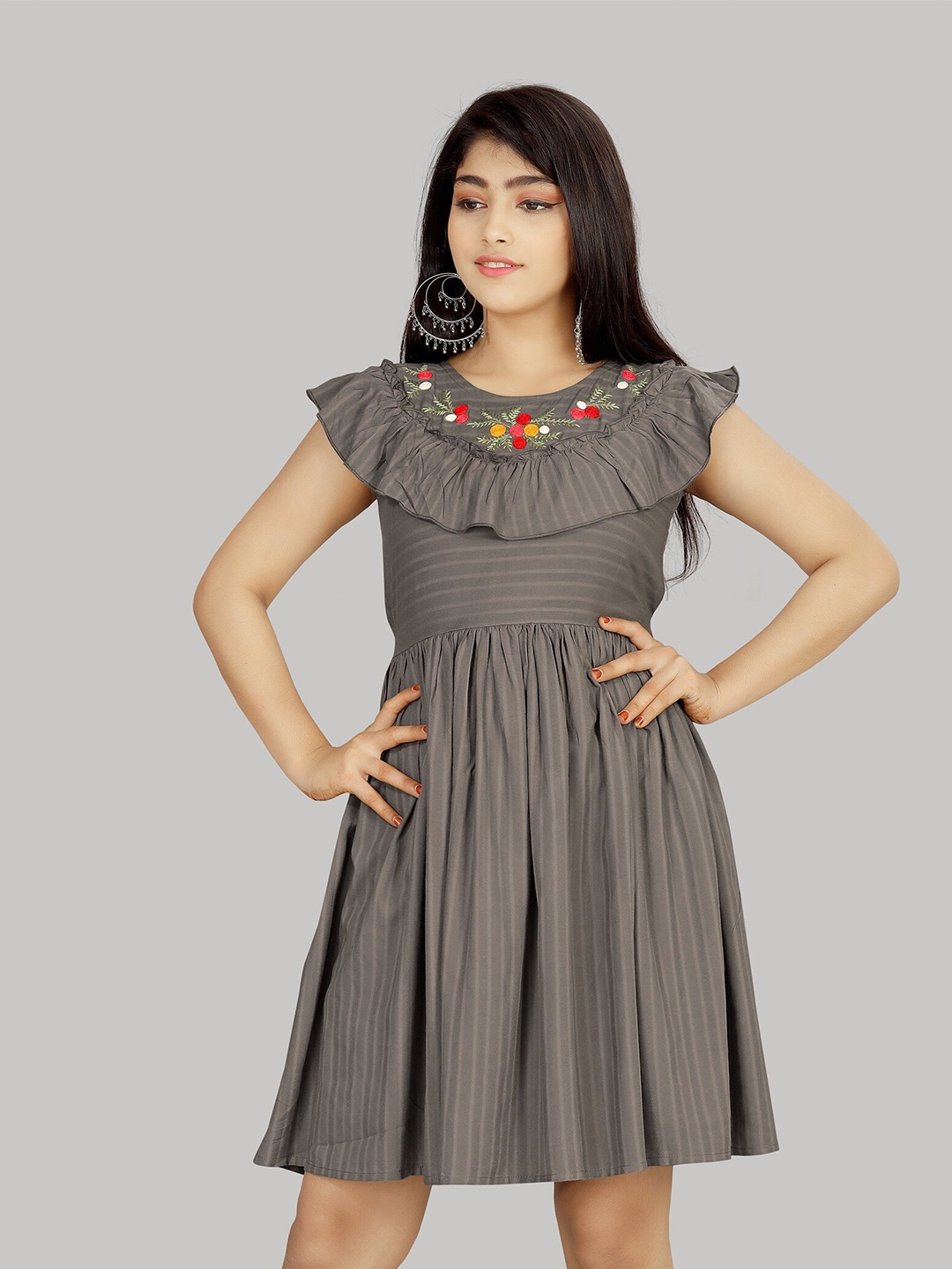 

R K MANIYAR Girls Striped Flutter Sleeve Embroidered Fit & Flare Above Knee Dress, Charcoal