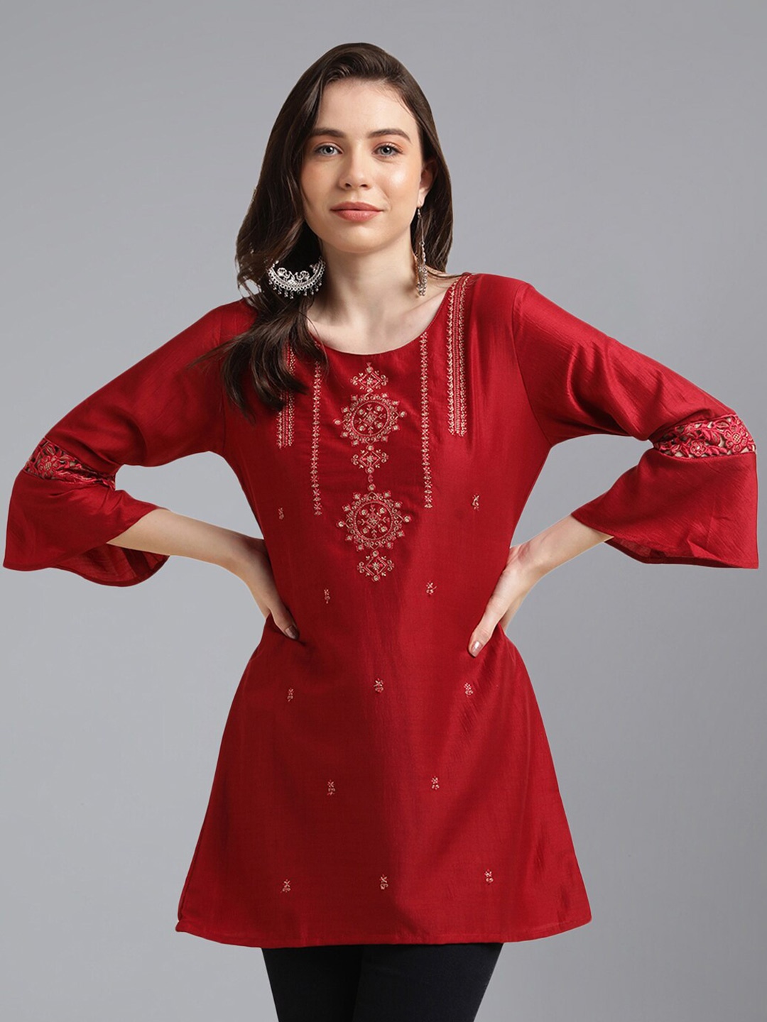 

KALINI Embellished Bell Sleeve Longline Kurtis, Red