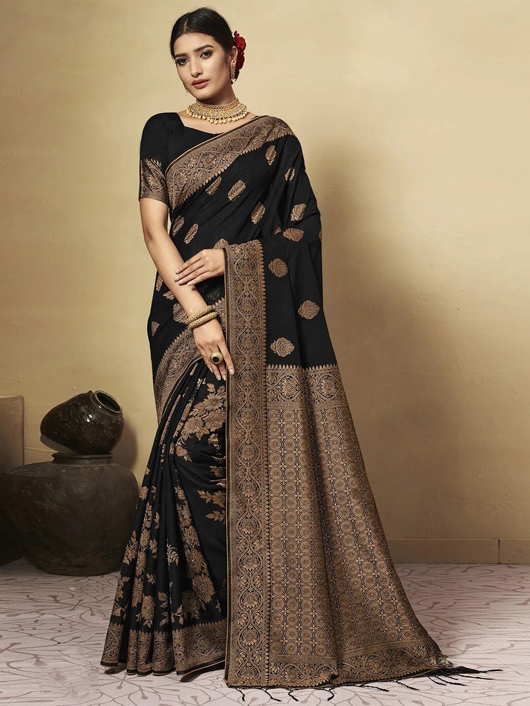 

GAJARAI Ethnic Motifs Zari Chanderi Saree, Black