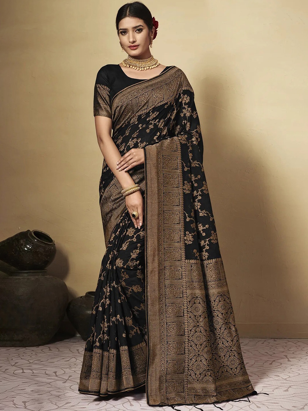 

GAJARAI Woven Design Zari Chanderi Saree, Black