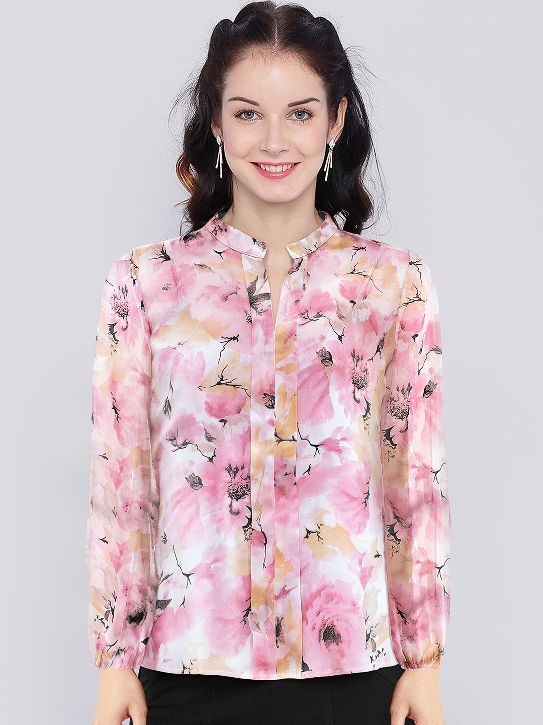 

KERI PERRY Floral Printed Georgette Semi Sheer Shirt Style Top, Pink