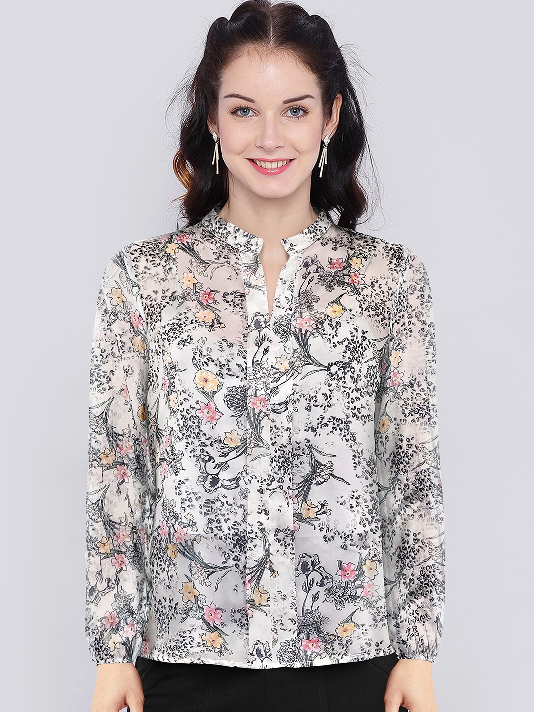 

KERI PERRY Floral Printed Mandarin Collar Puff Sleeves Georgette Shirt Style Top, Grey