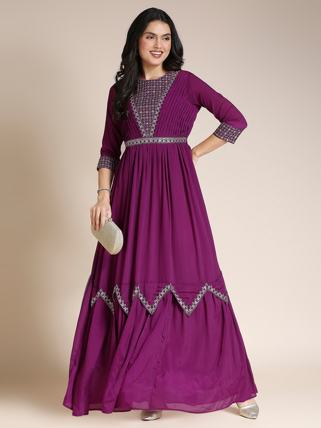 

MADHURAM Ethnic Motif Embroidered Pleated Georgette Gown Ethnic Dress, Burgundy