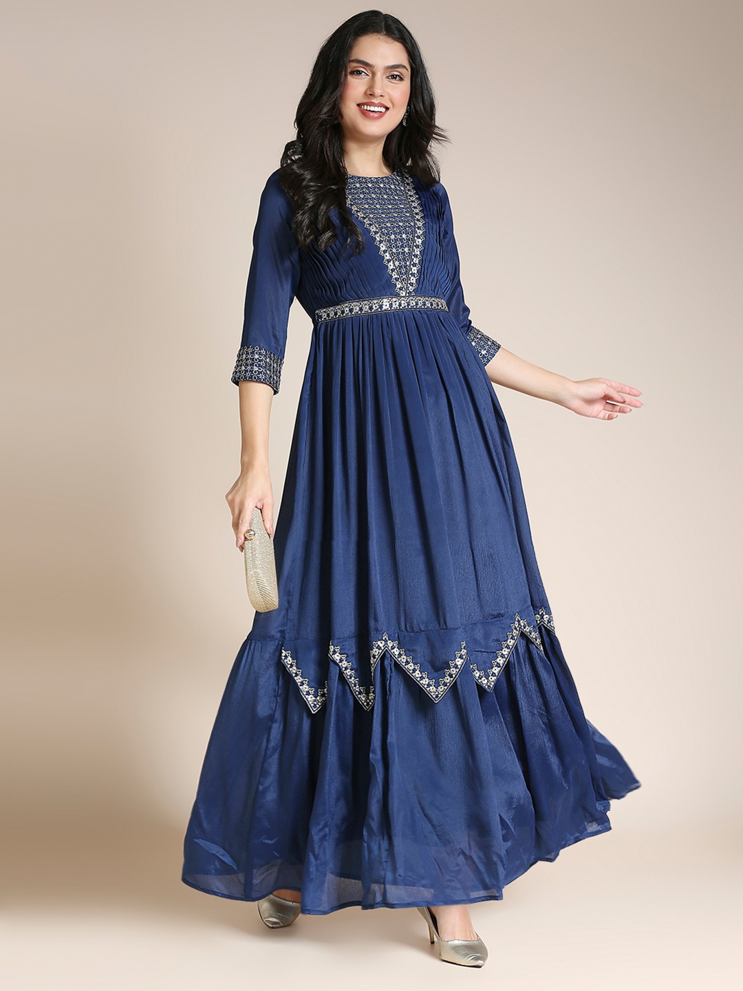 

MADHURAM Ethnic Motifs Embroidered Pleated Detail Maxi Fit & Flare Chiffon Ethnic Dress, Navy blue