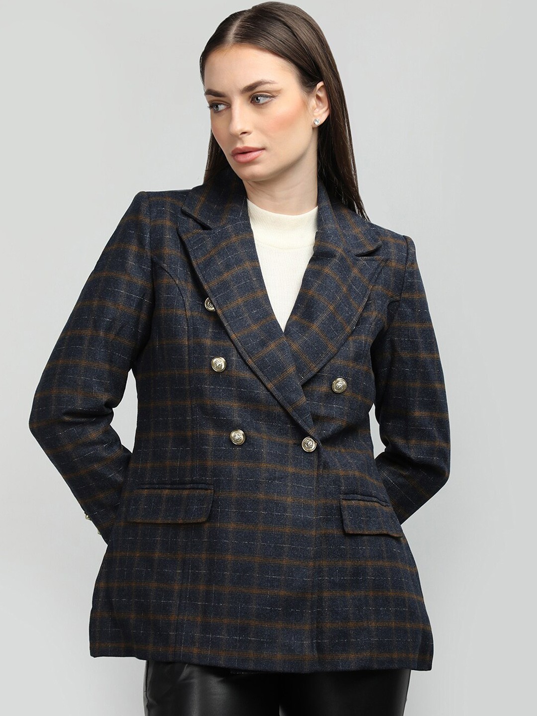 

HONNETE Checked Notched Lapel Coat, Navy blue