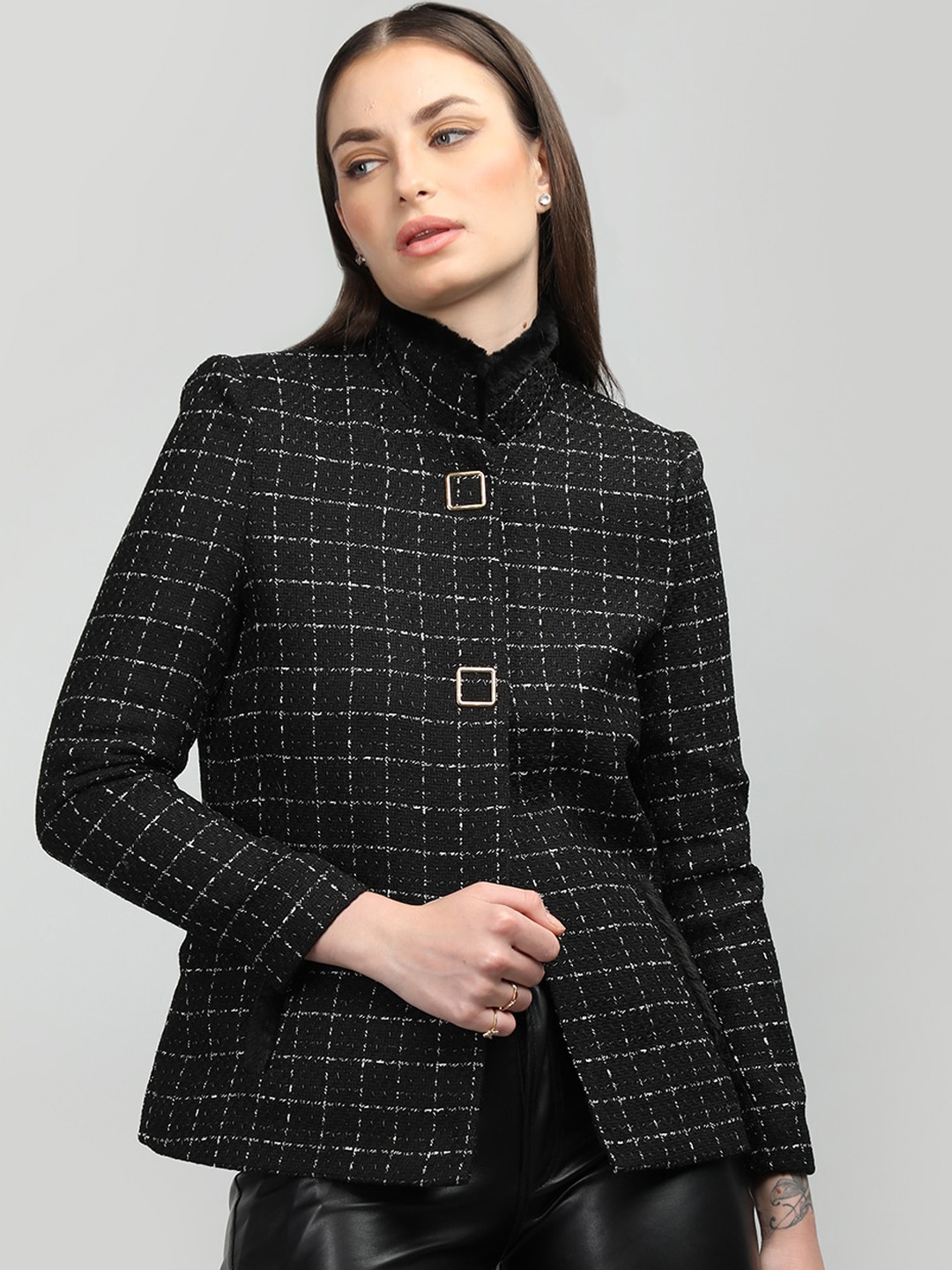 

HONNETE Checked Stand Collar Coat, Black
