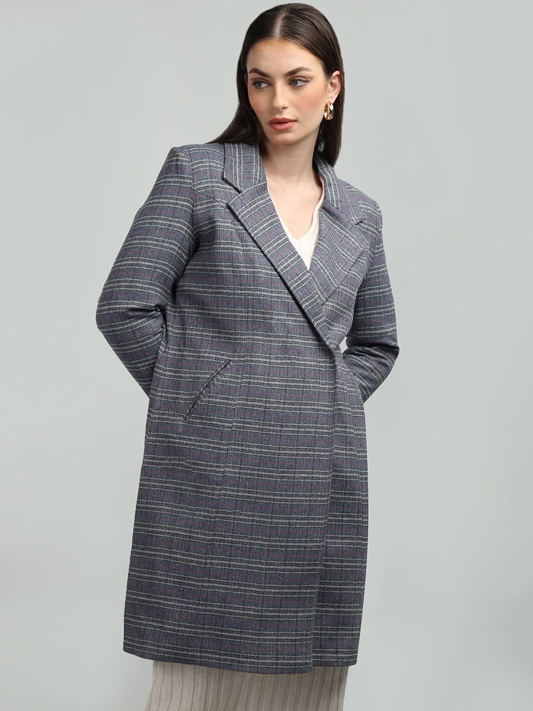 

HONNETE Checked Notched Lapel Trench Coat, Navy blue