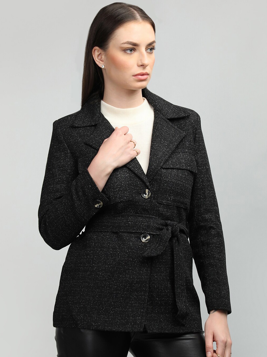 

HONNETE Self Design Notched Lapel Coat, Black