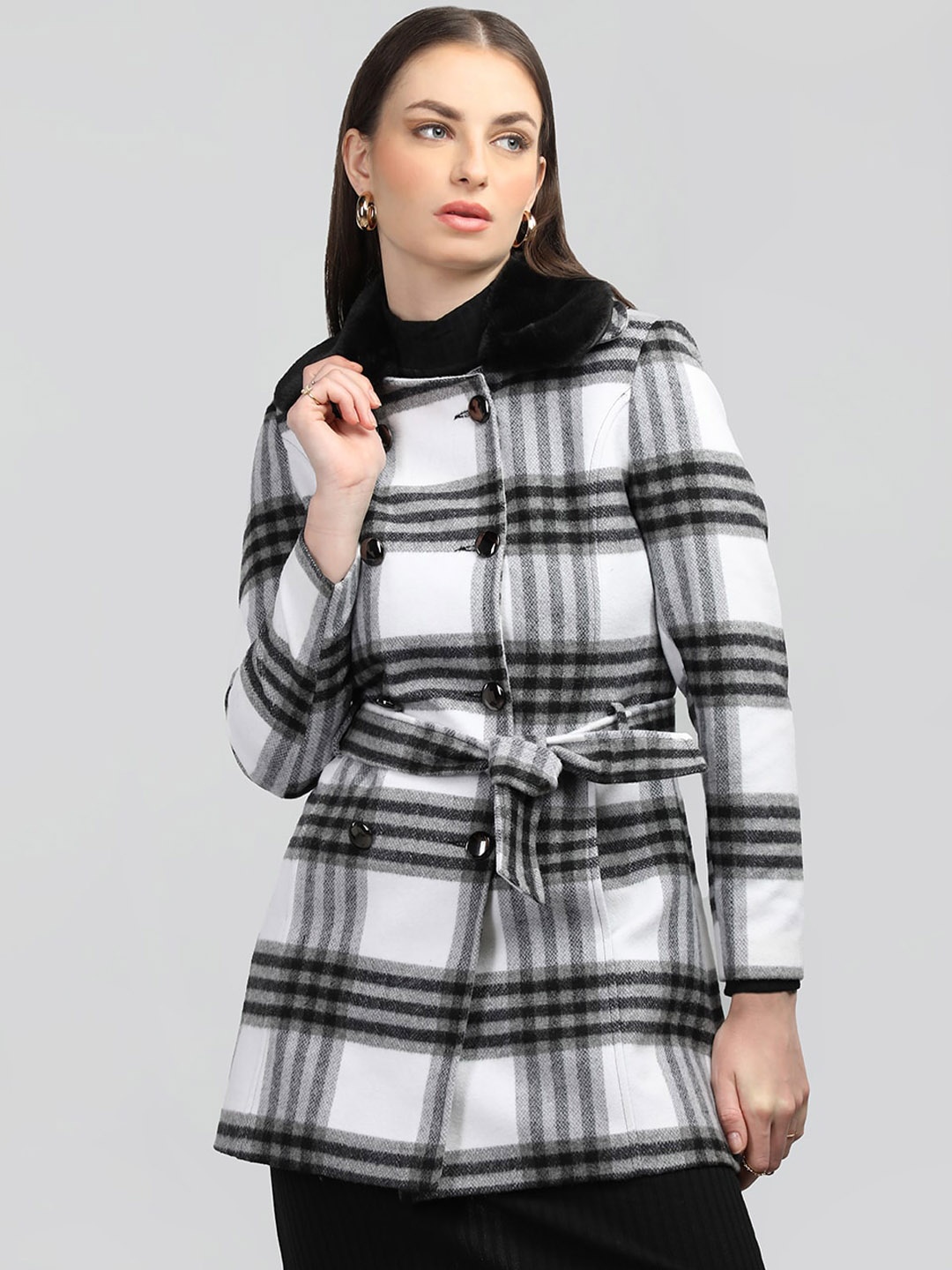 

HONNETE Checked Spread Collar Coat, White