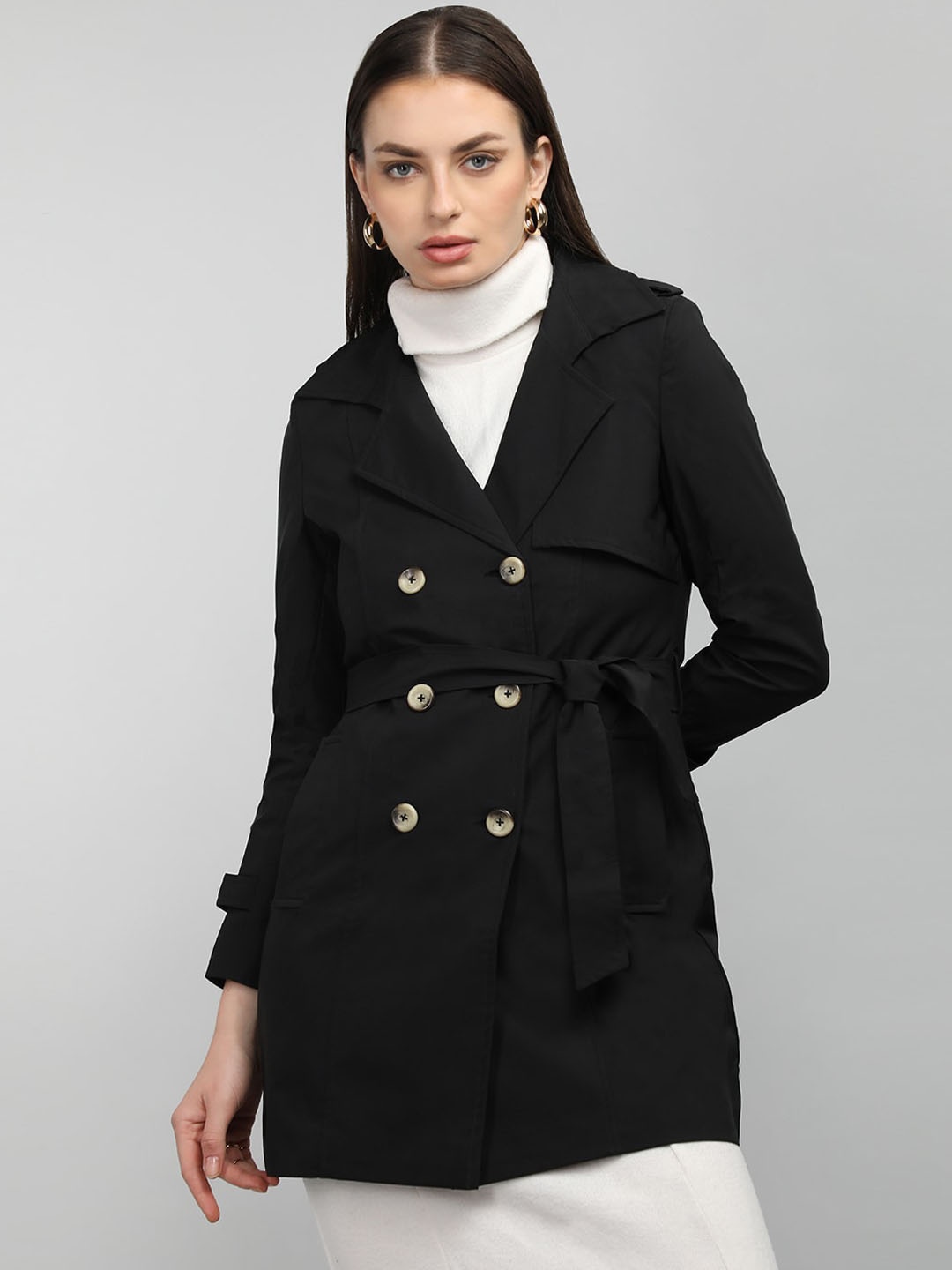 

HONNETE Double-Breasted Notched Lapel Coat, Black