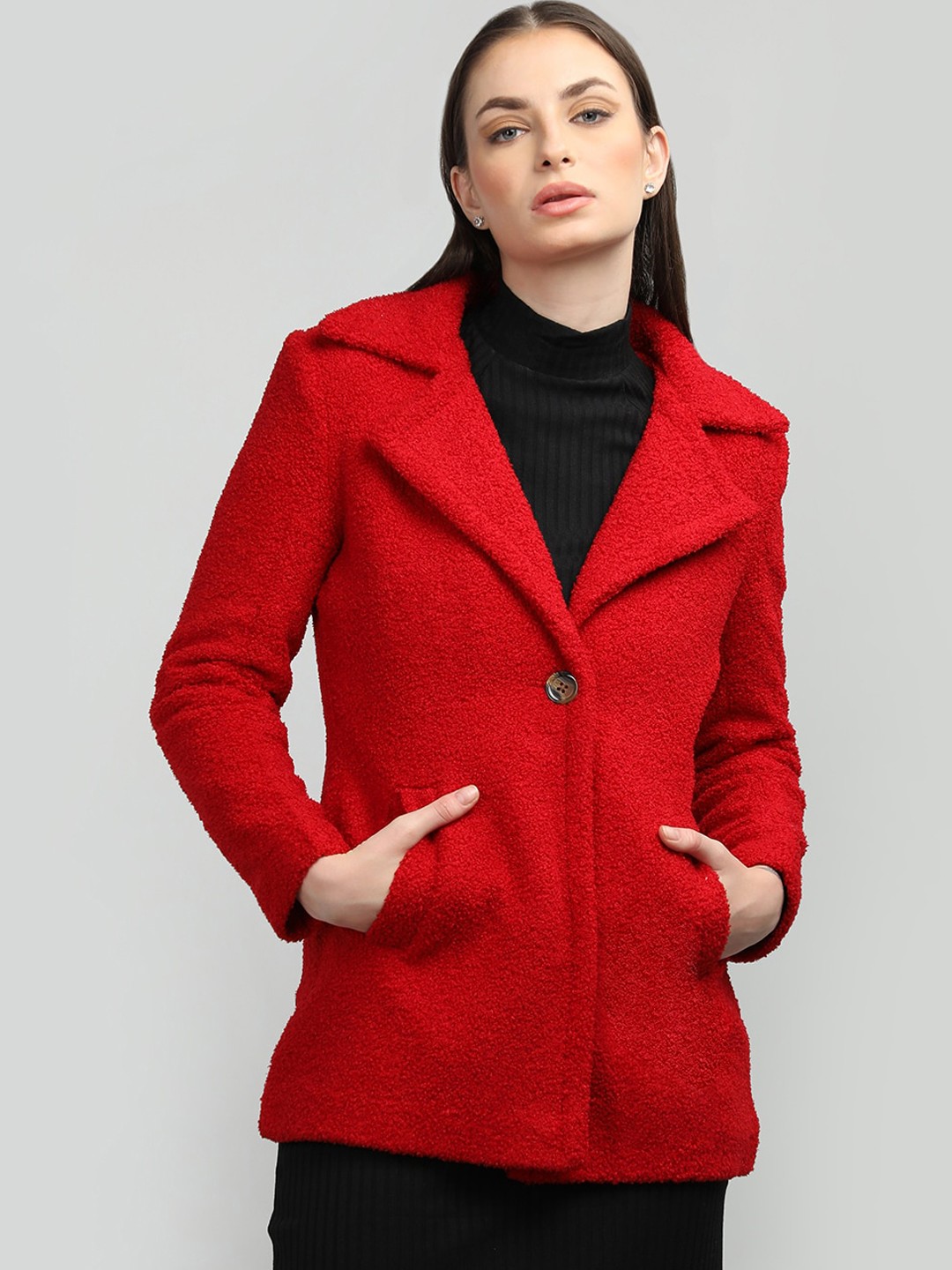 

HONNETE Single Breasted Notched Lapel Coat, Red