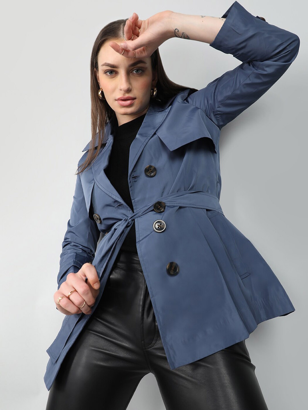 

HONNETE Single-Breasted Notched Lapel Coat, Blue