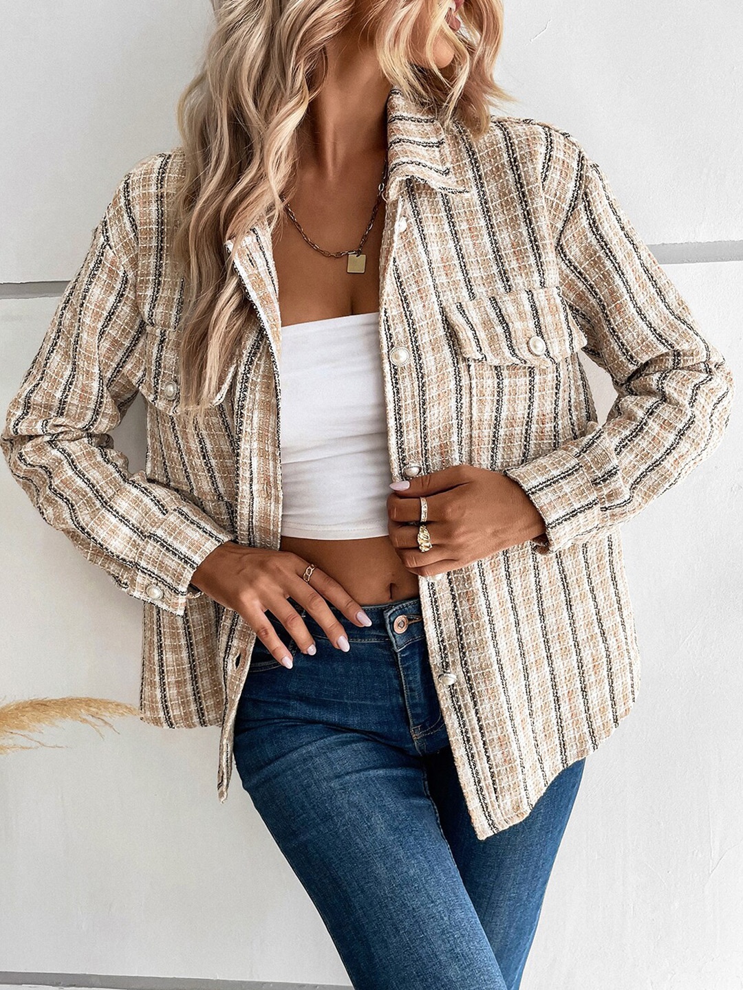 

StyleCast Khaki Checked Spread Collar Shirt