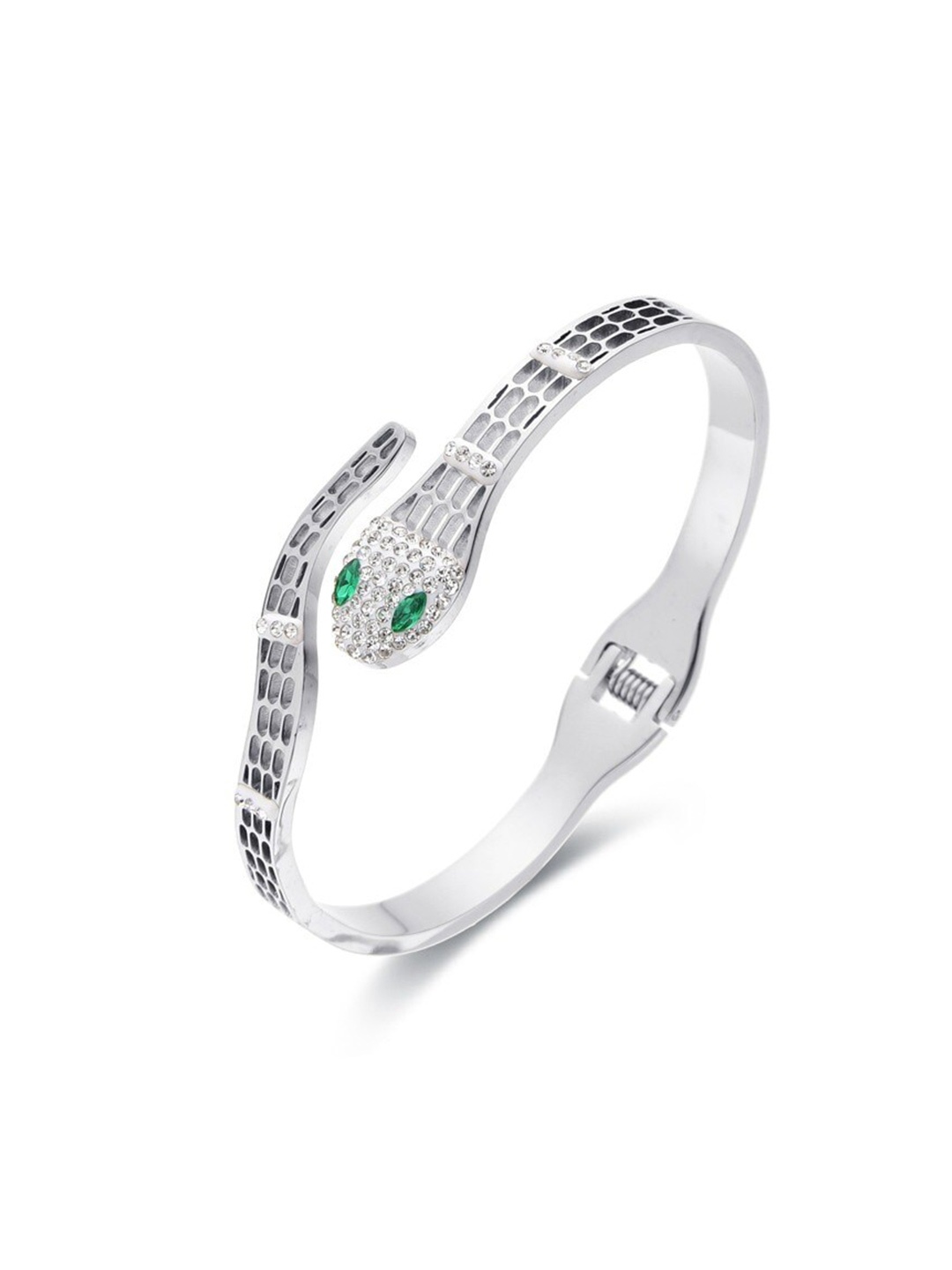 

VIEN Silver-Toned & Green Cubic Zirconia Enamelled Silver-Plated Kada Bracelet