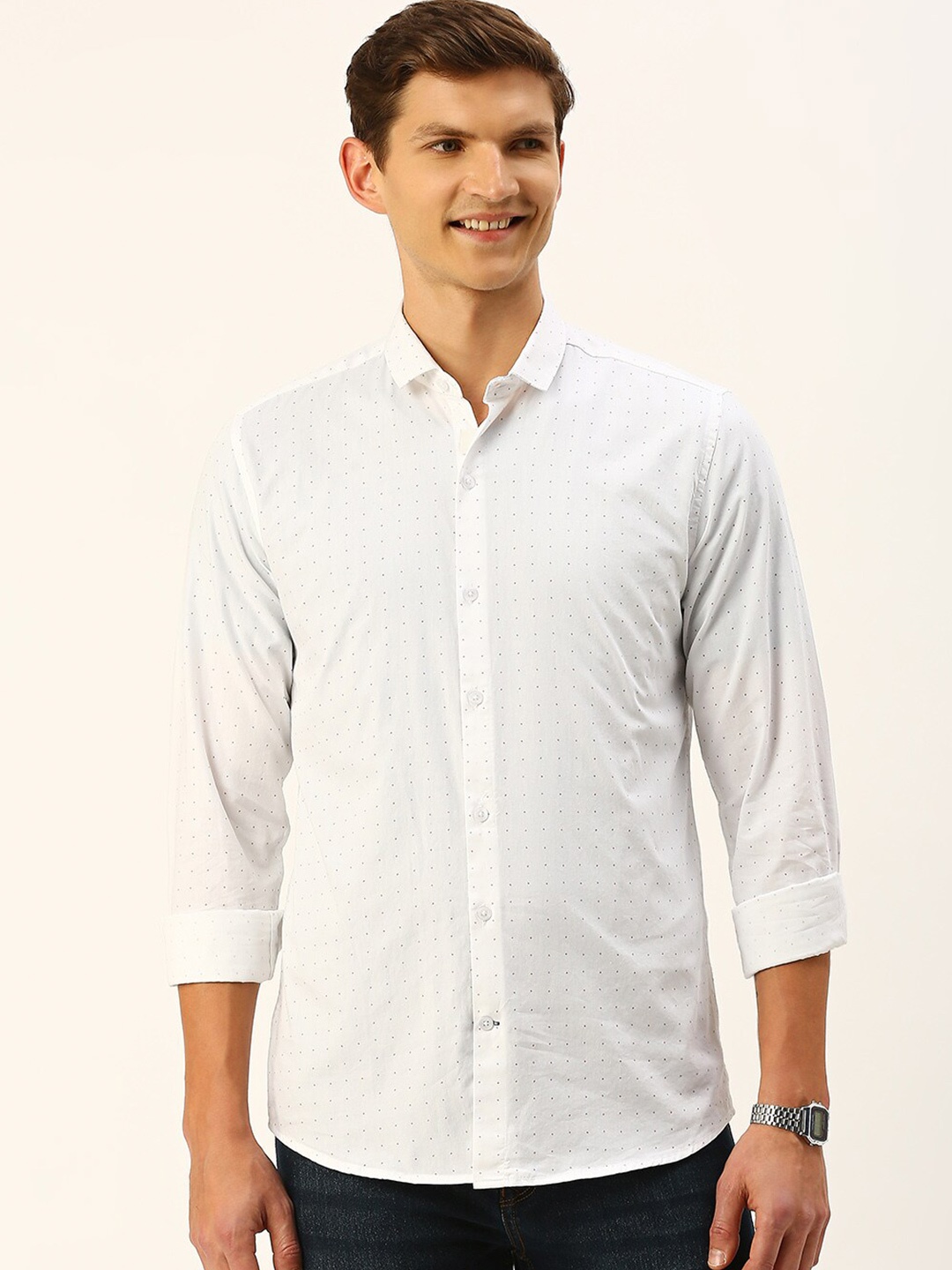 

Mast & Harbour Classic Micro Ditsy Printed Pure Cotton Casual Shirt, White