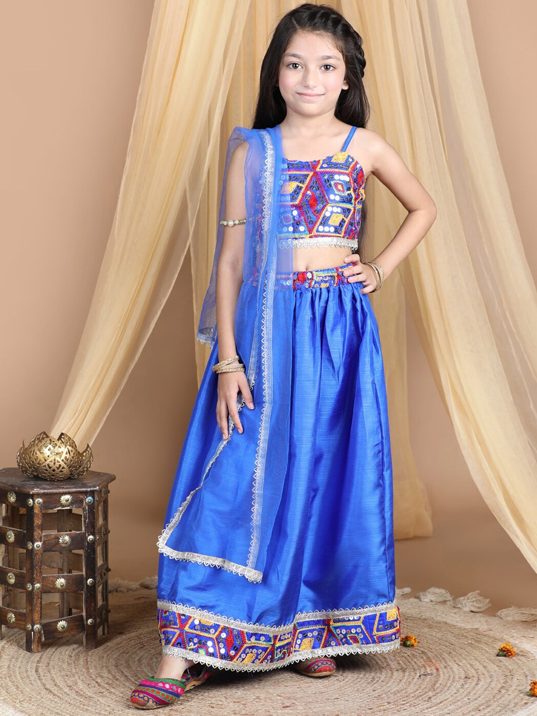 

Cutiekins Girls Embroidered Mirror Work Ready to Wear Lehenga & Blouse With Dupatta, Blue