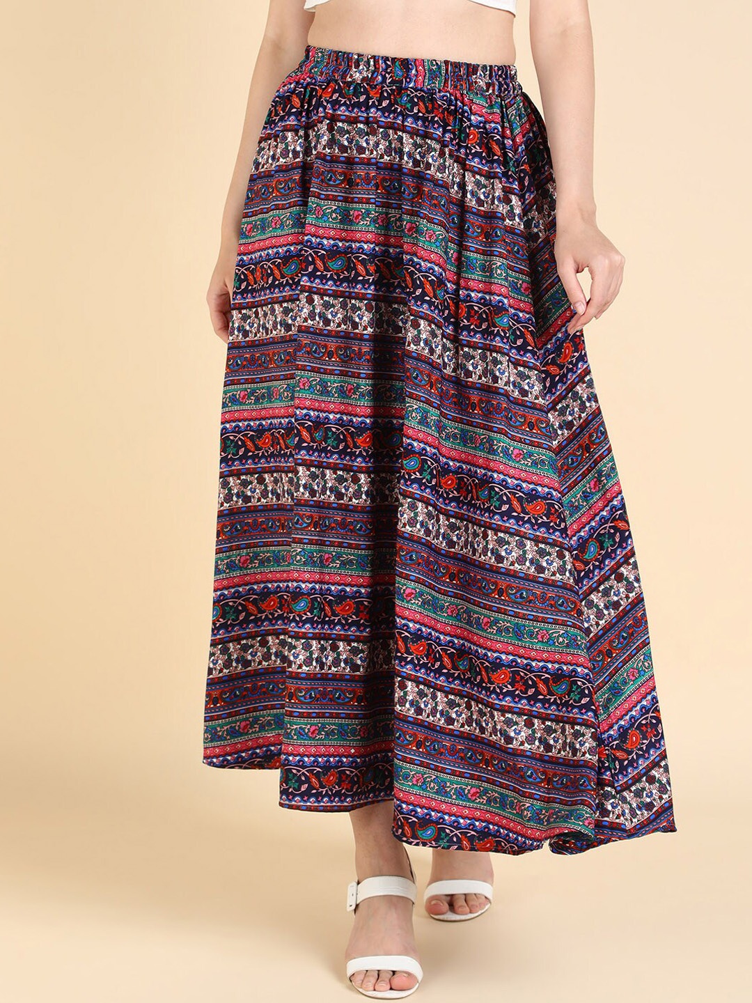 

VAHSON Ethnic Motifs Printed Flared Crepe Maxi Skirts, Navy blue