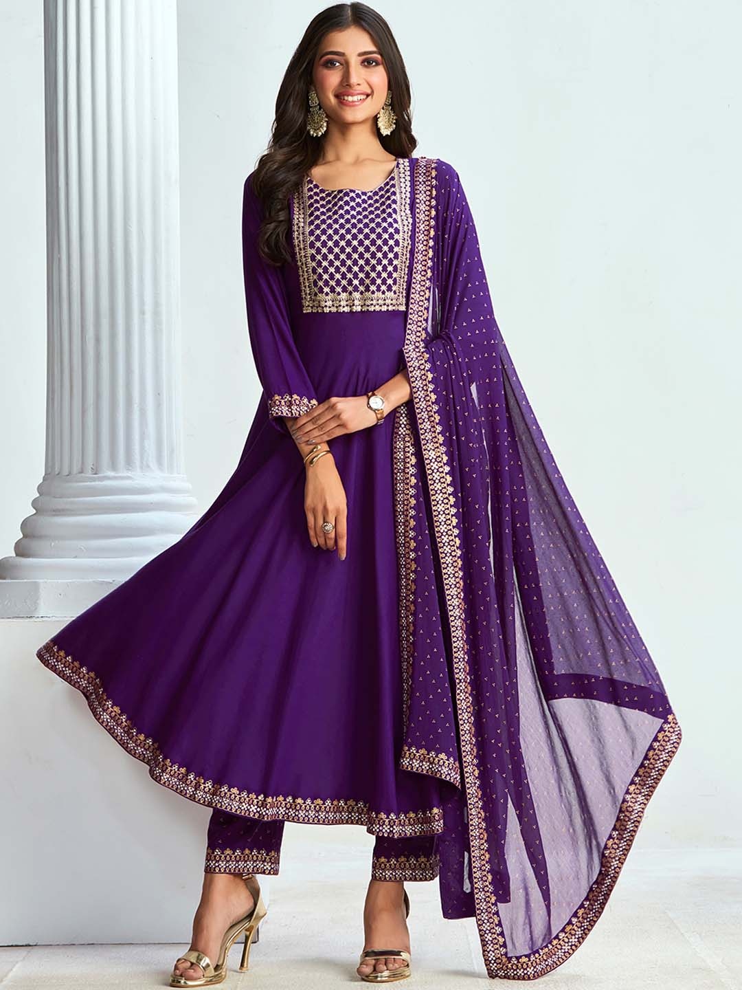 

Sangria Embroidered Anarkali Kurta With Trouser & Dupatta Set, Purple