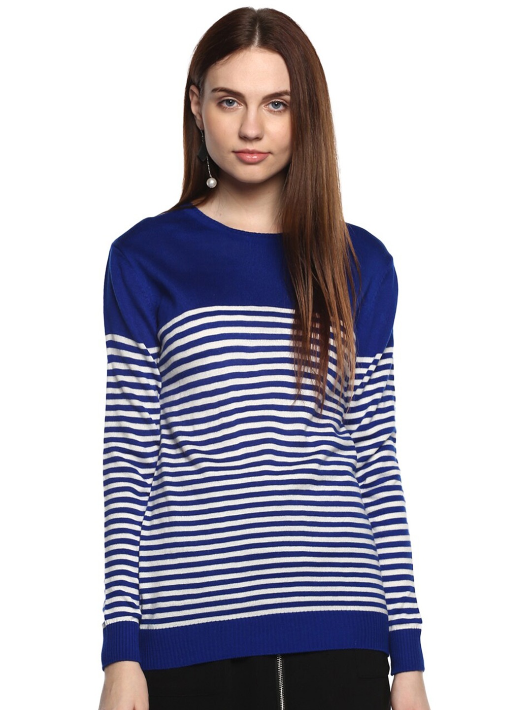 

Modeve Striped Round Neck Acrylic Pullover, Blue