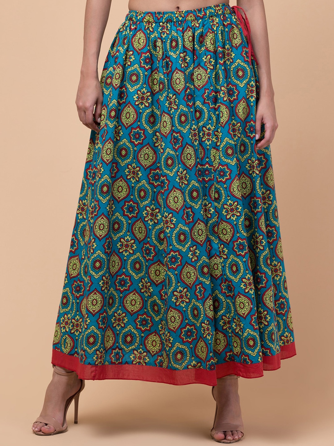 

Hive91 Ethnic Motifs Printed Pure Cotton Flared Maxi Skirt, Green