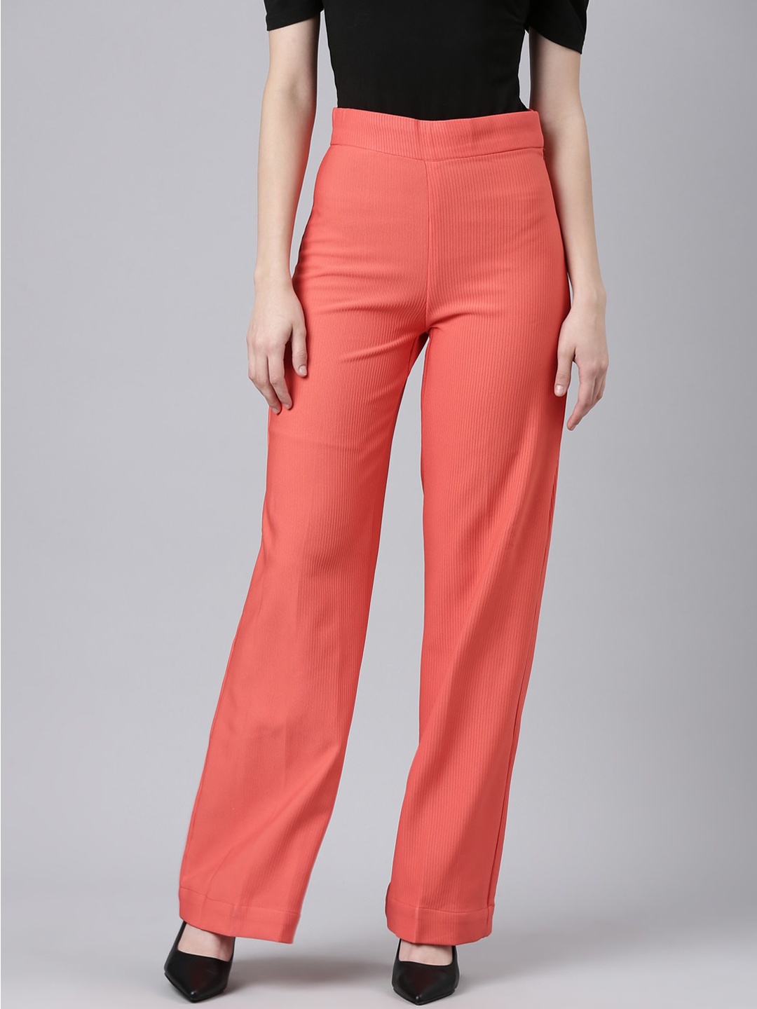 

SHOWOFF Women Straight Fit Wrinkle Free Cotton Parallel Trousers, Coral