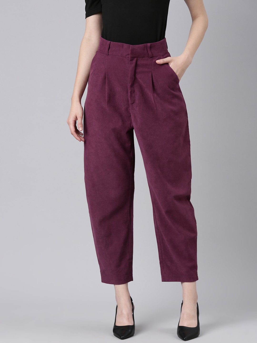 

SHOWOFF Women Straight Fit Wrinkle Free Pleated Cotton Cropped Peg Trousers, Violet