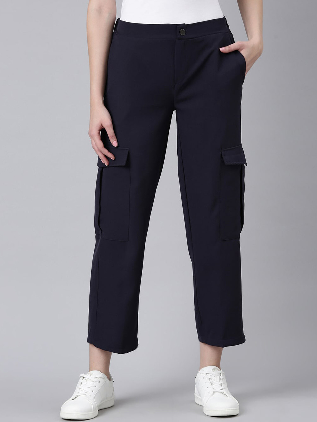 

SHOWOFF Women Straight Fit Wrinkle Free Cotton Cropped Cargos, Navy blue