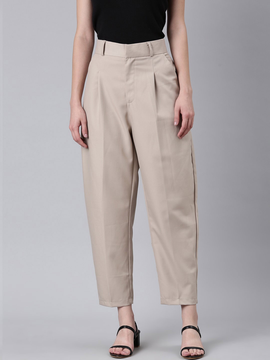 

SHOWOFF Women Mom Fit Pleated Cotton Cropped Peg Trousers, Beige