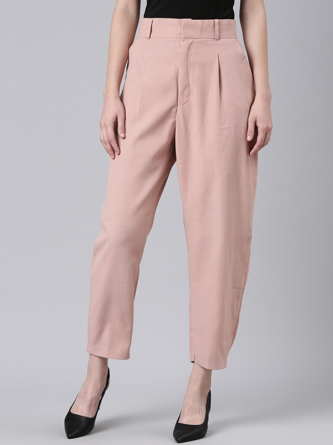 

SHOWOFF Women Straight Fit Wrinkle Free Pleated Cotton Cropped Peg Trousers, Peach