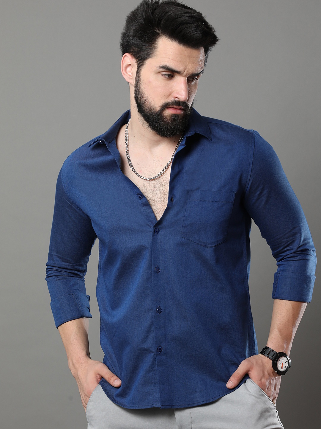 

Bushirt Classic Spread Collar Chest Pocket Oxford Pure Cotton Casual Shirt, Blue