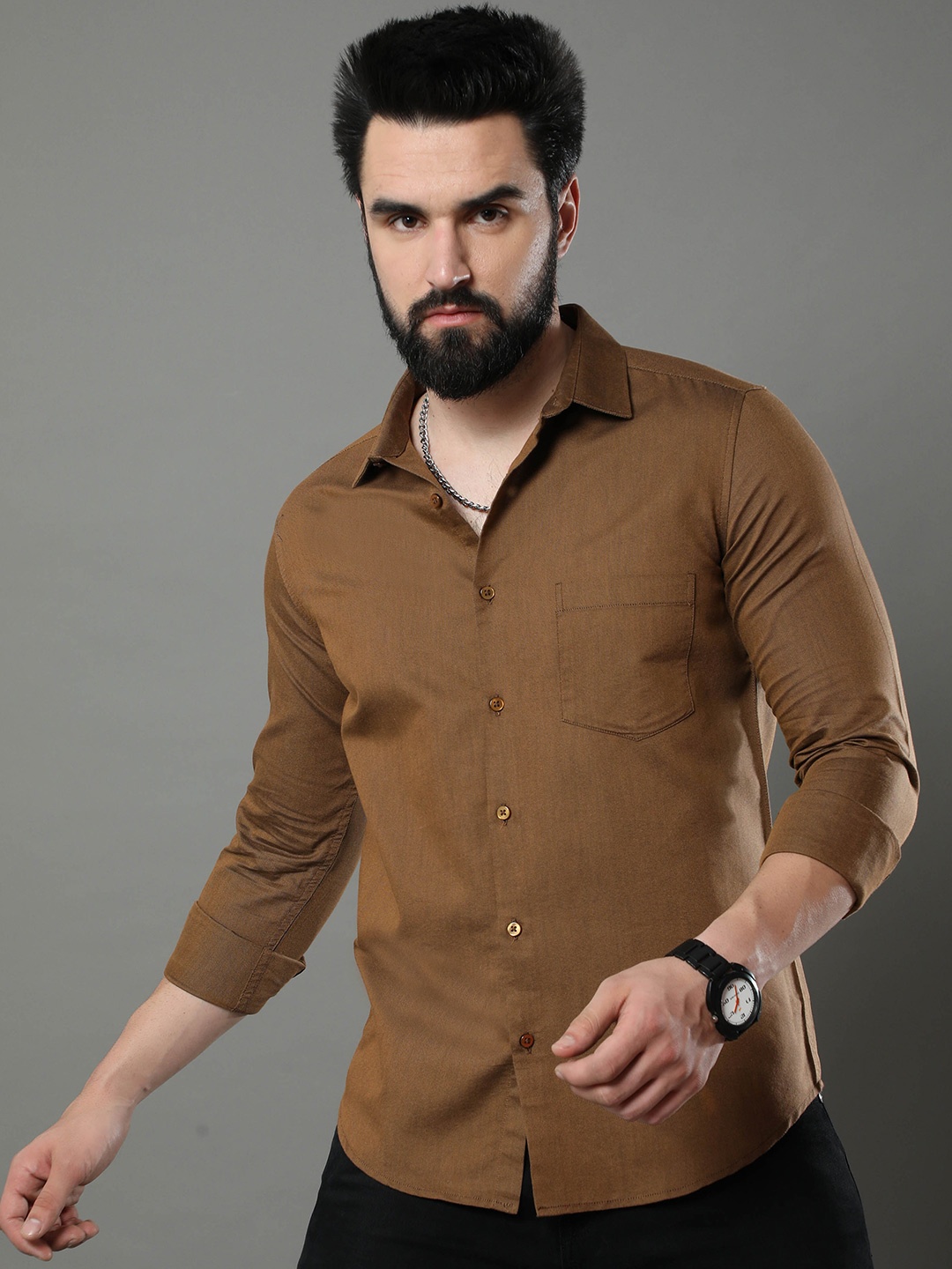 

Bushirt Classic Spread Collar Chest Pocket Oxford Pure Cotton Casual Shirt, Brown