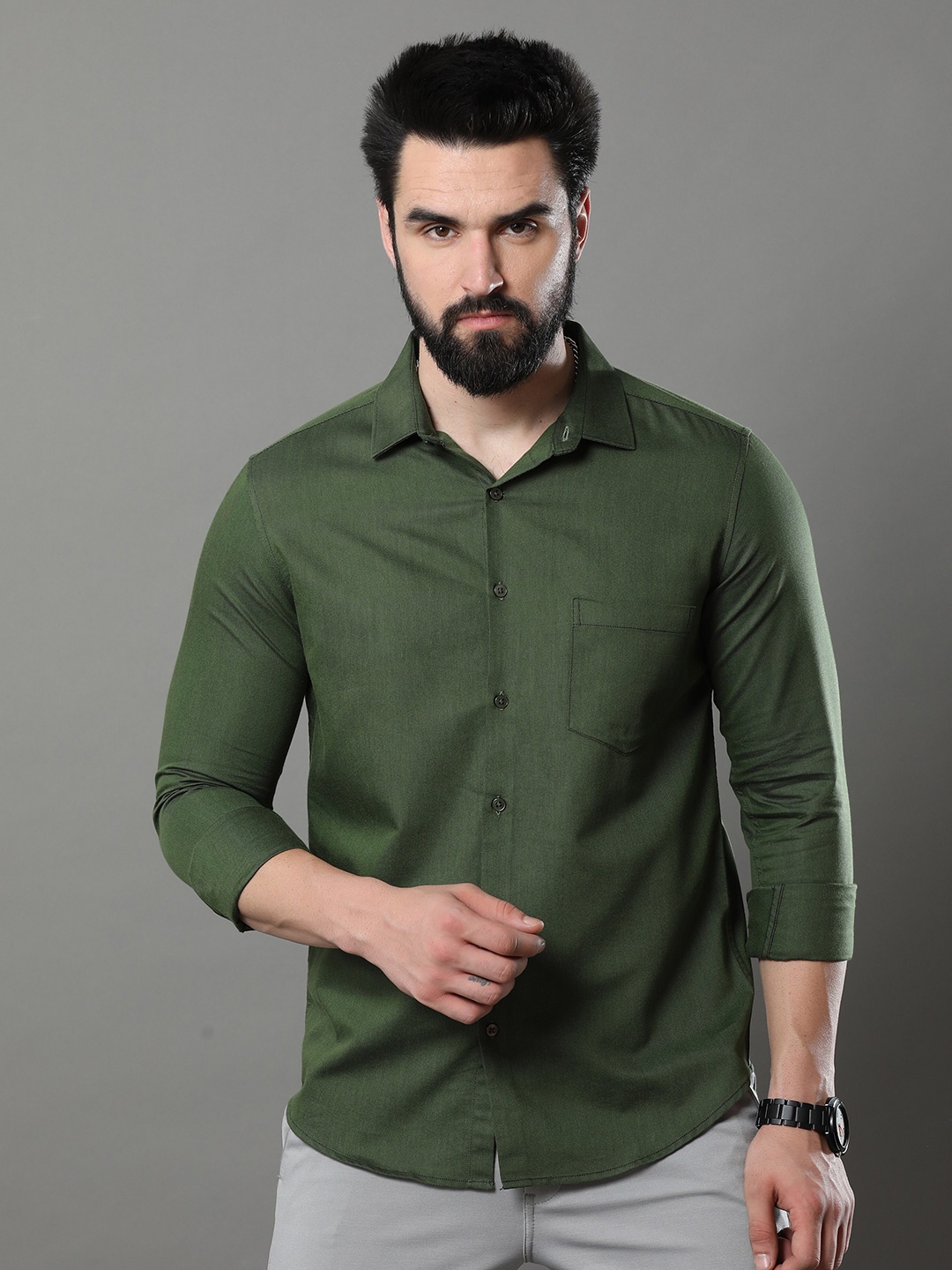 

Bushirt Classic Spread Collar Chest Pocket Oxford Pure Cotton Casual Shirt, Green