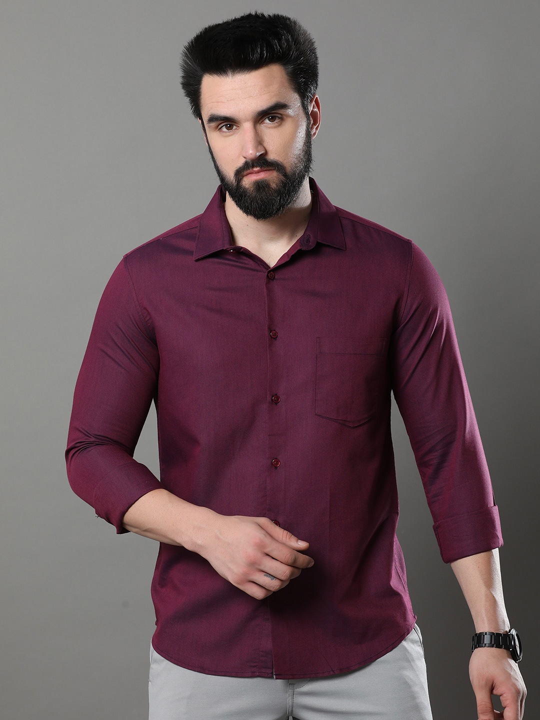 

Bushirt Classic Spread Collar Chest Pocket Oxford Pure Cotton Casual Shirt, Purple