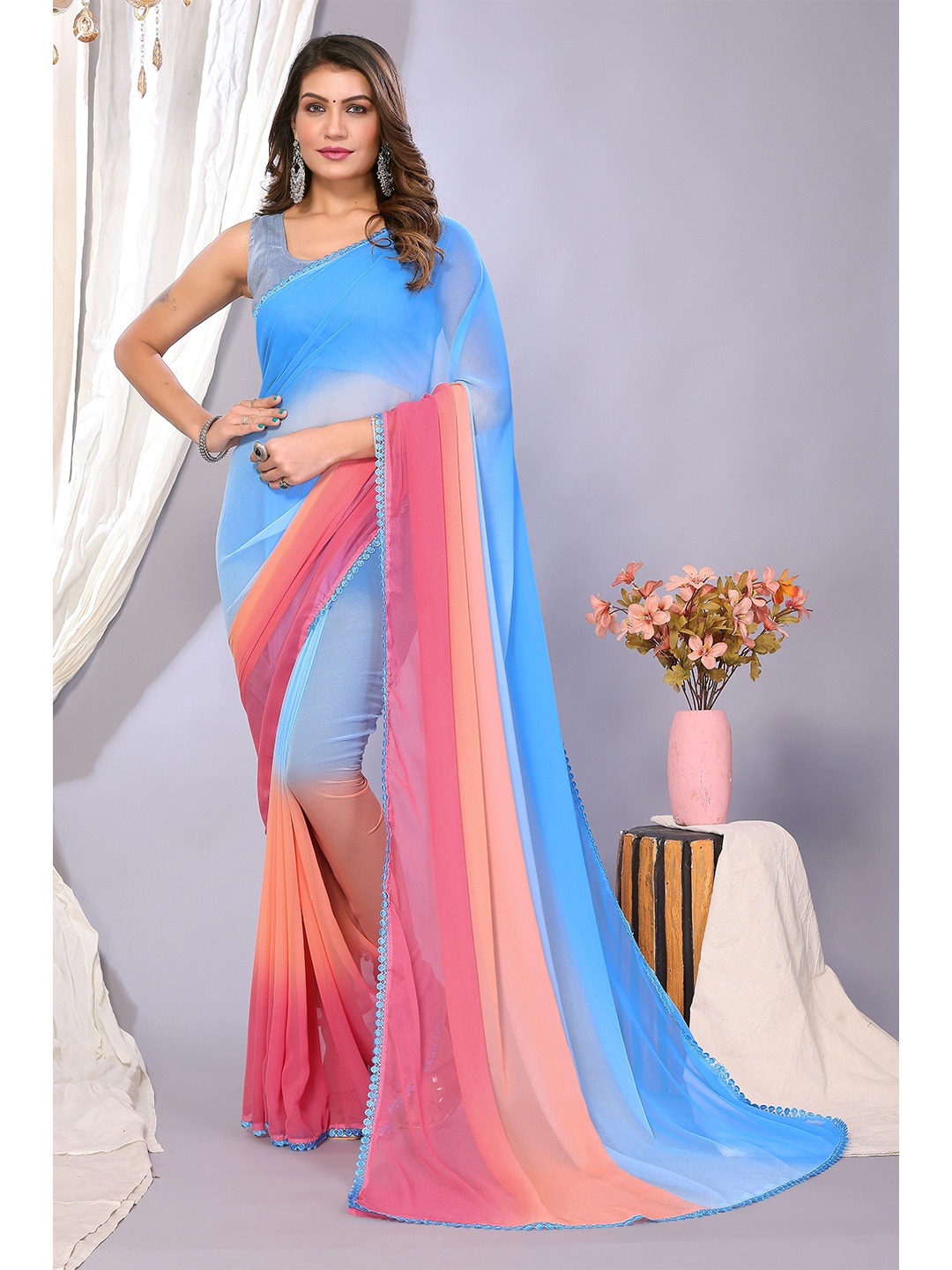 

HERE&NOW Ombre Dyed Pure Georgette Saree, Blue