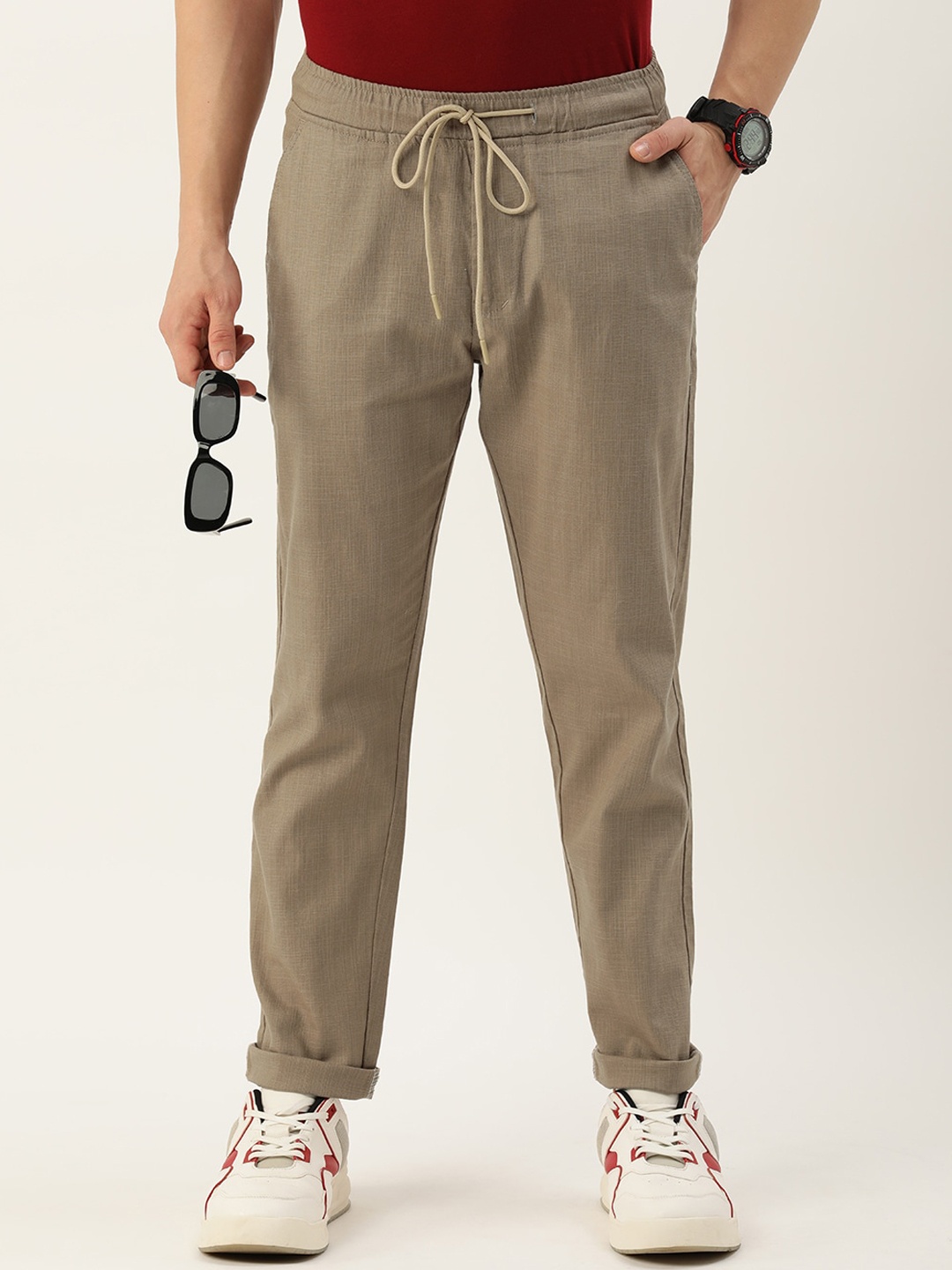 

POP CULTURE Men Mid-Rise Regular Trousers, Khaki